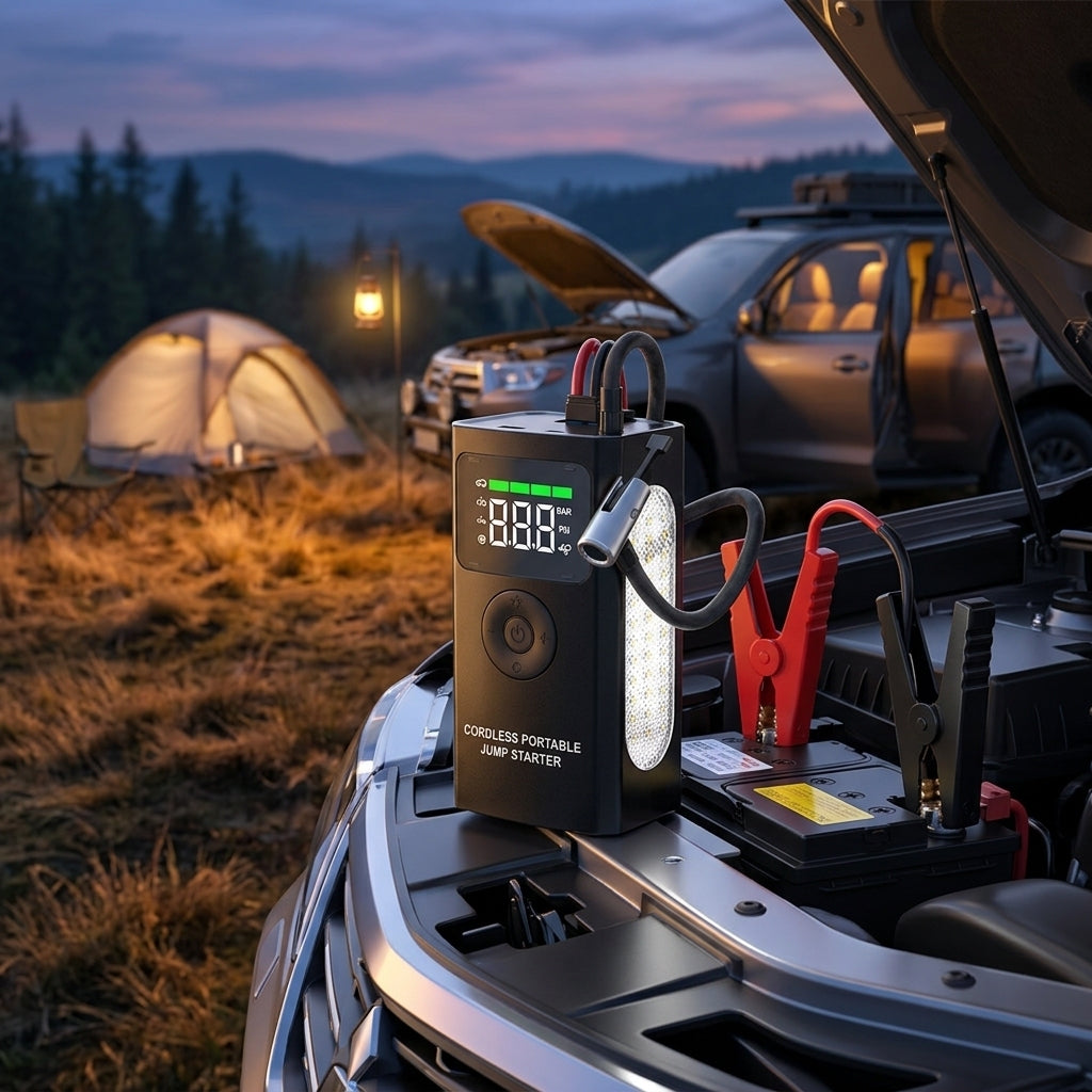 Portable 16V Car Jump Starter Battery Charger Air Compressor Pump Digital LCD Tire Inflator with Side LED Work Light