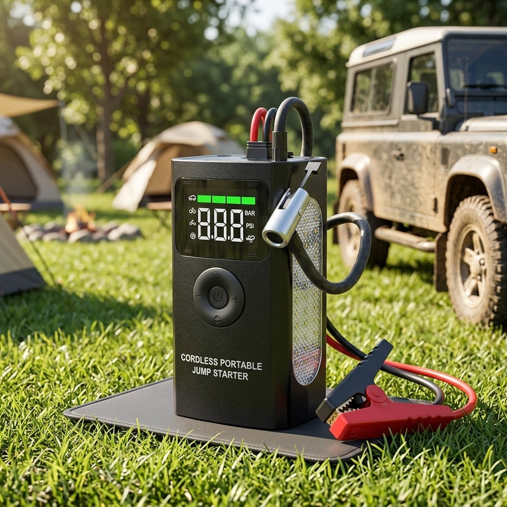Portable 16V Car Jump Starter Battery Charger Air Compressor Pump Digital LCD Tire Inflator with Side LED Work Light