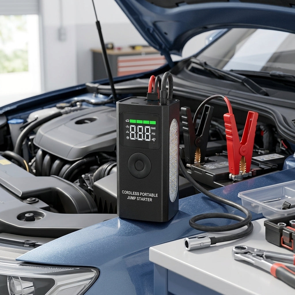 Portable 16V Car Jump Starter Battery Charger Air Compressor Pump Digital LCD Tire Inflator with Side LED Work Light