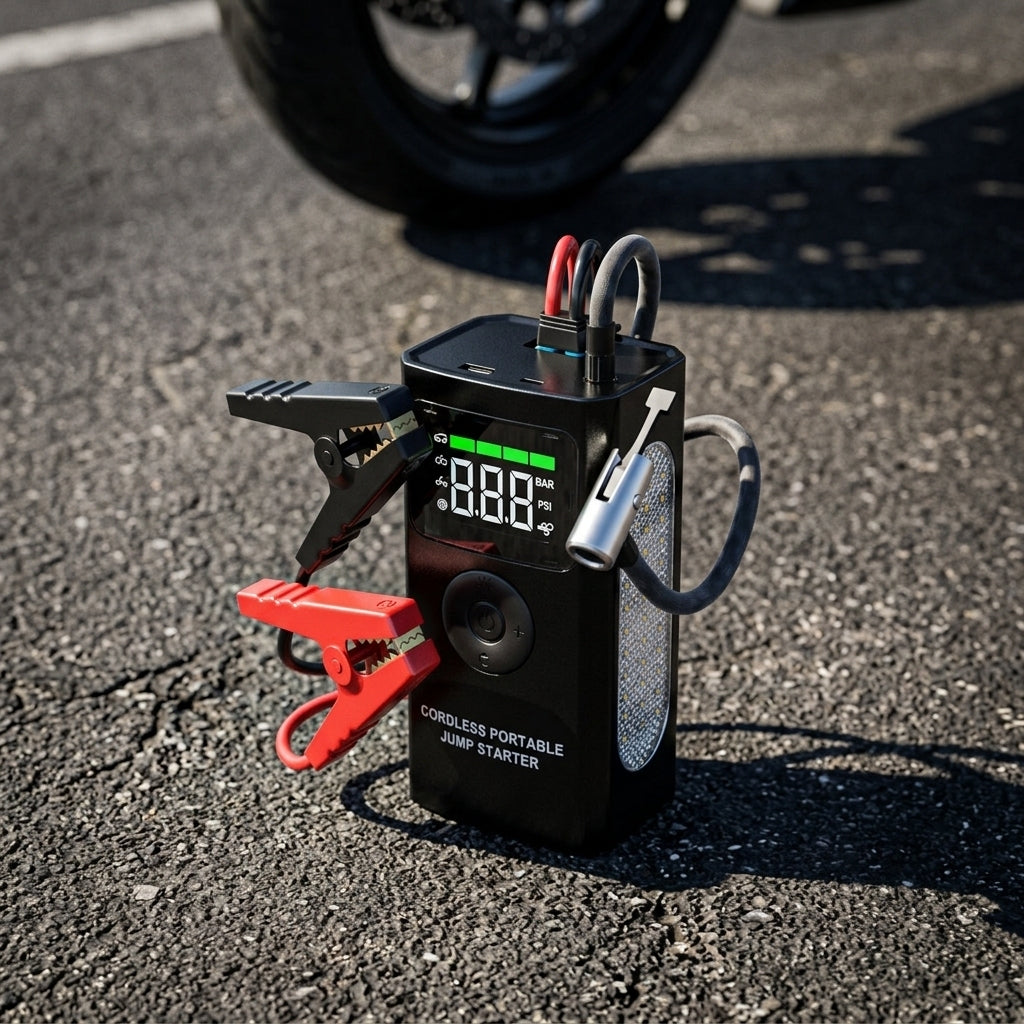 Portable 16V Car Jump Starter Battery Charger Air Compressor Pump Digital LCD Tire Inflator with Side LED Work Light